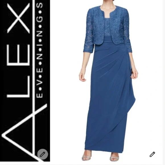 sachin and babi light blue dress Alex Evening Navy Dress & Bolero Jacket Trimed In Rhinestones Size 10 New  ,Tags